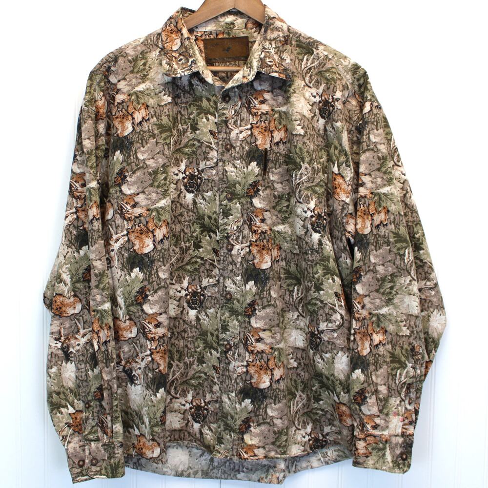 North River Mens‎ XL Flannel Shirt Deer Woodland Camo Long Sleeve Brown Green